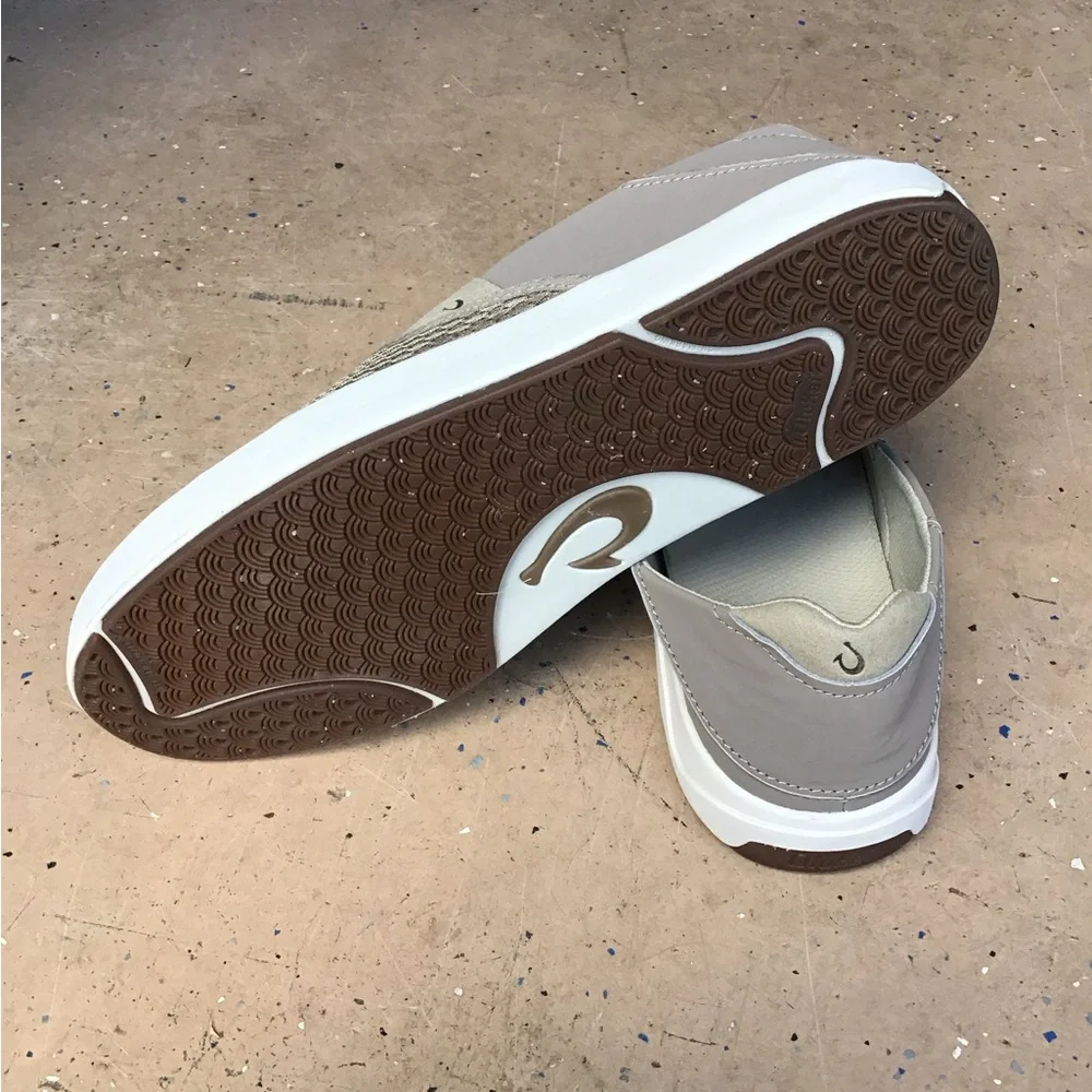OluKai Men's Slip-On Loafers in Taupe Mesh with White Sole